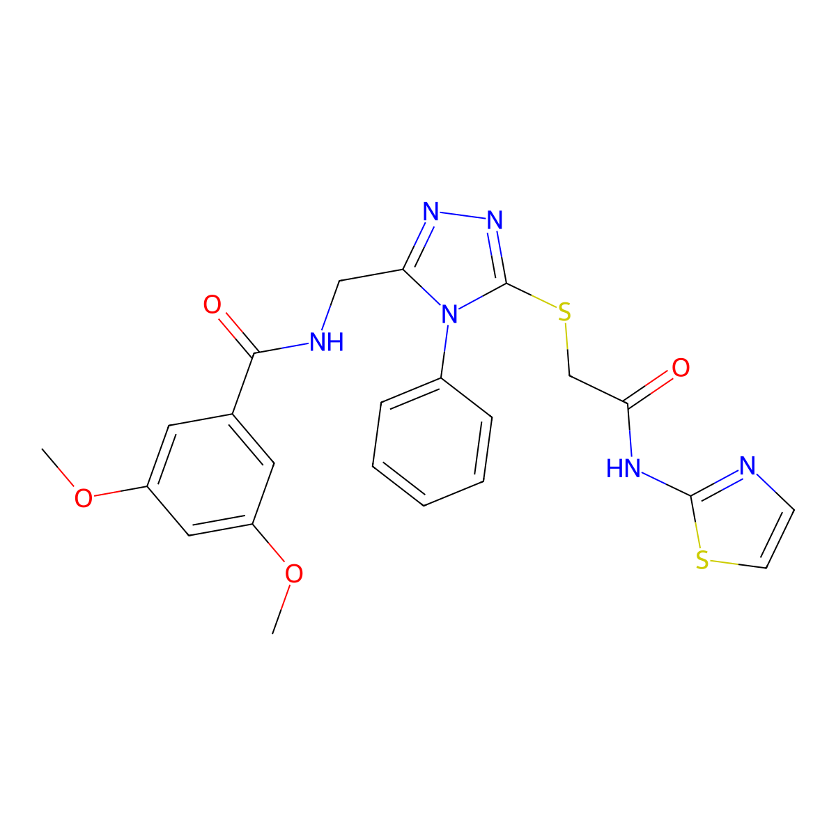 3,5-dimethoxy-N-((5-((2-oxo-2-(thiazol-2-ylamino)ethyl)thio)-4-phenyl-4H-1,2,4-triazol-3-yl)methyl)benzamide molecular structure, CAS 391943-88-7