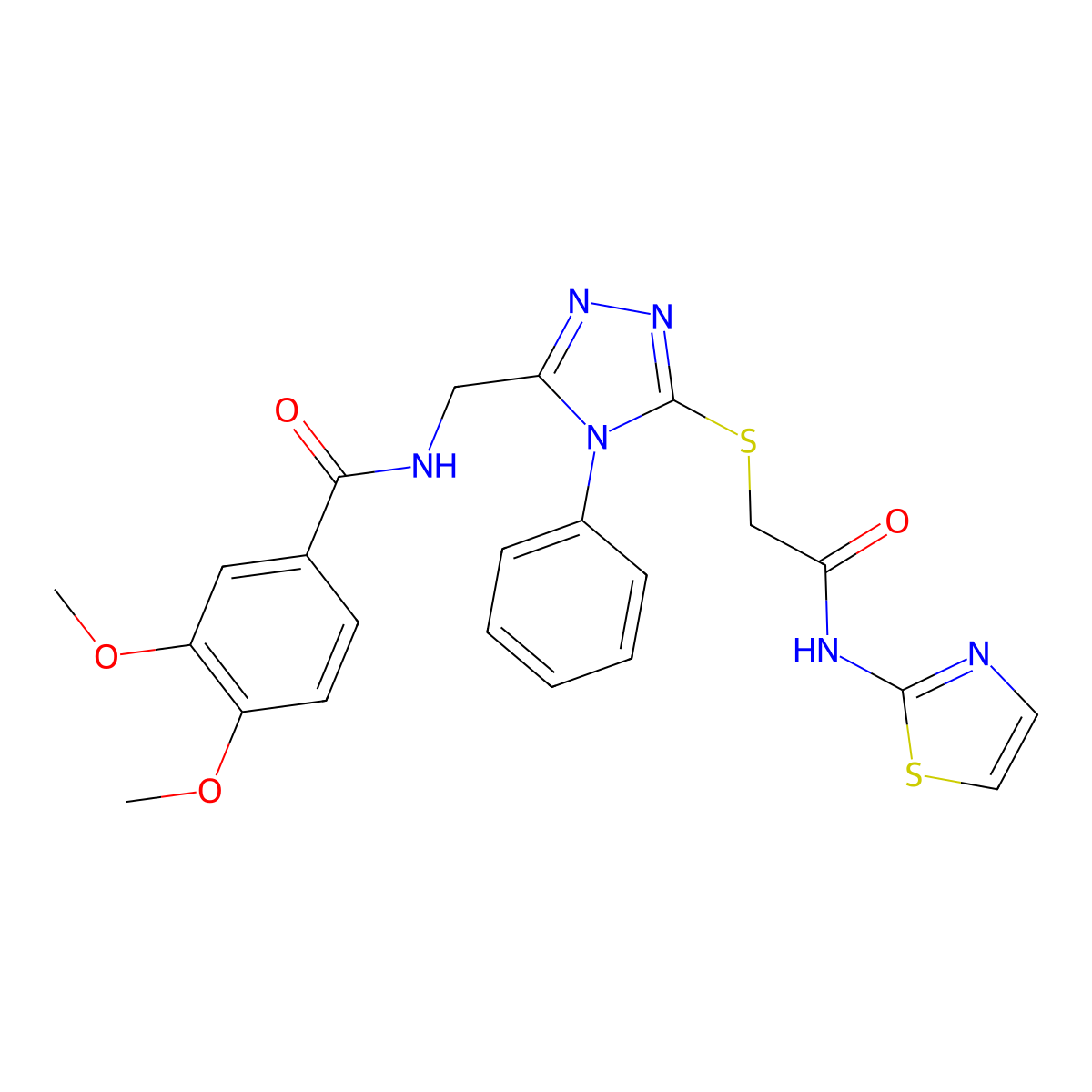 3,4-dimethoxy-N-((5-((2-oxo-2-(thiazol-2-ylamino)ethyl)thio)-4-phenyl-4H-1,2,4-triazol-3-yl)methyl)benzamide molecular structure, CAS 391944-18-6