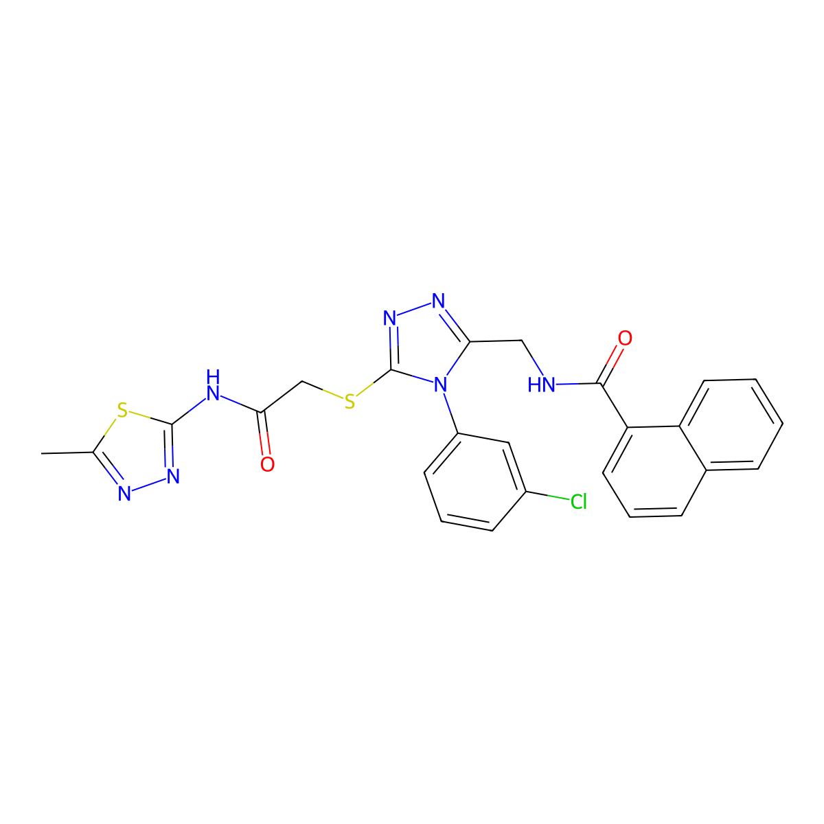 N-((4-(3-chlorophenyl)-5-((2-((5-methyl-1,3,4-thiadiazol-2-yl)amino)-2-oxoethyl)thio)-4H-1,2,4-triazol-3-yl)methyl)-1-naphthamide molecular structure, CAS 391947-53-8