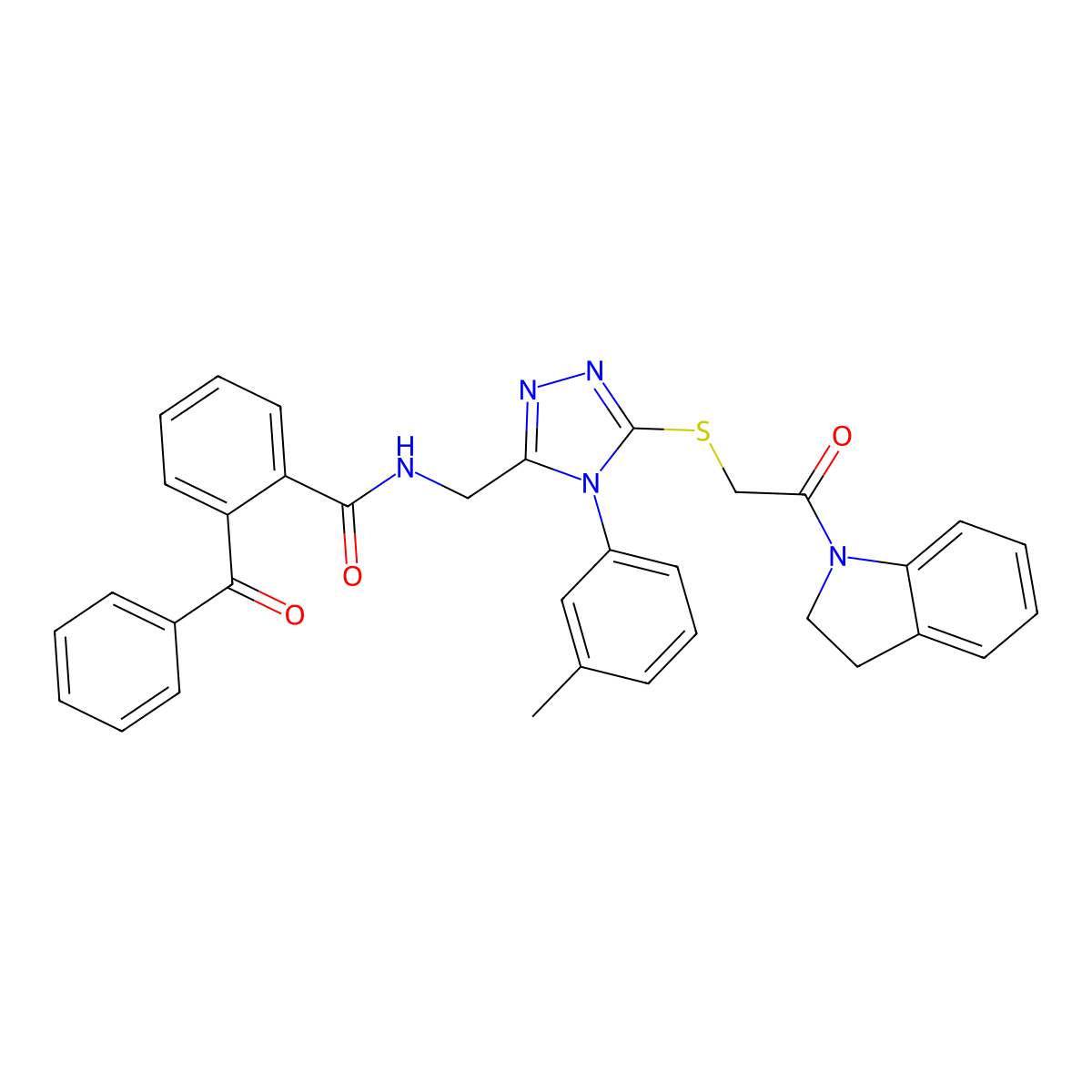 2-benzoyl-N-((5-((2-(indolin-1-yl)-2-oxoethyl)thio)-4-(m-tolyl)-4H-1,2,4-triazol-3-yl)methyl)benzamide molecular structure, CAS 391948-78-0
