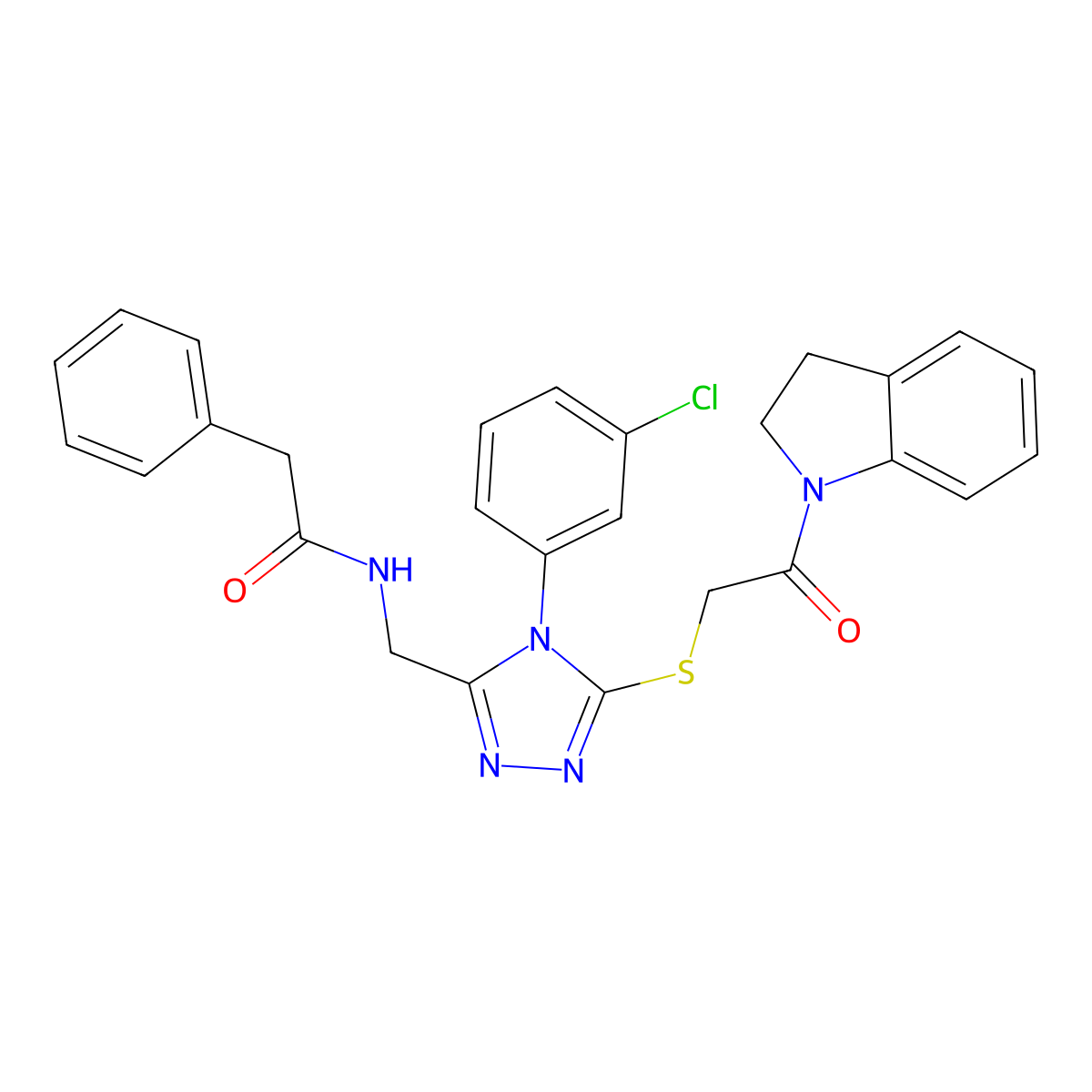 N-((4-(3-chlorophenyl)-5-((2-(indolin-1-yl)-2-oxoethyl)thio)-4H-1,2,4-triazol-3-yl)methyl)-2-phenylacetamide molecular structure, CAS 391949-25-0