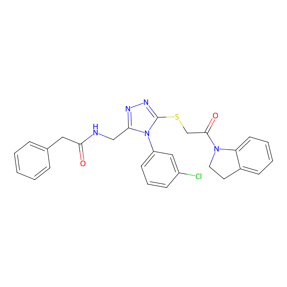 N-((4-(3-chlorophenyl)-5-((2-(indolin-1-yl)-2-oxoethyl)thio)-4H-1,2,4-triazol-3-yl)methyl)-2-phenylacetamide molecular structure, CAS 391949-25-0