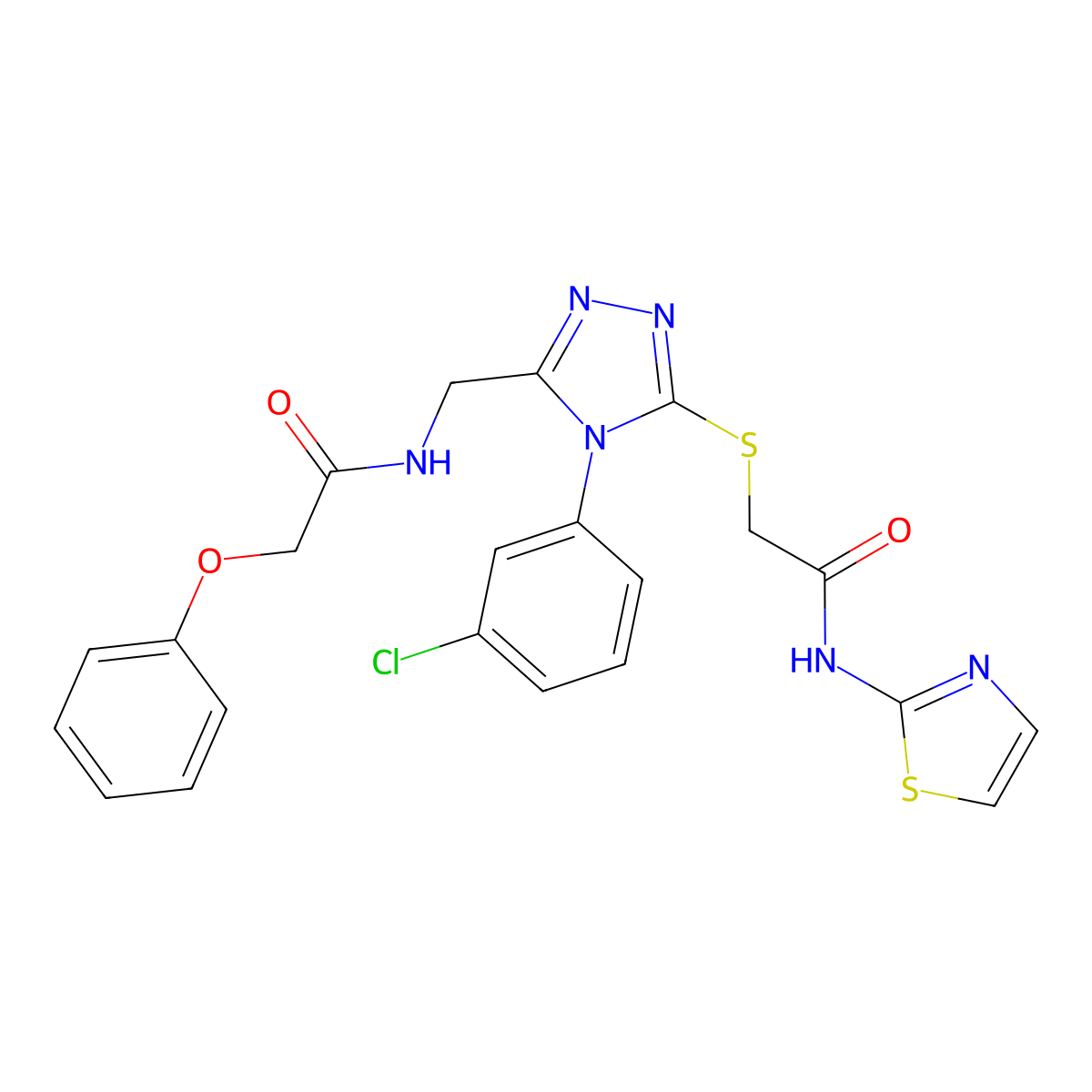 N-((4-(3-chlorophenyl)-5-((2-oxo-2-(thiazol-2-ylamino)ethyl)thio)-4H-1,2,4-triazol-3-yl)methyl)-2-phenoxyacetamide molecular structure, CAS 391950-48-4
