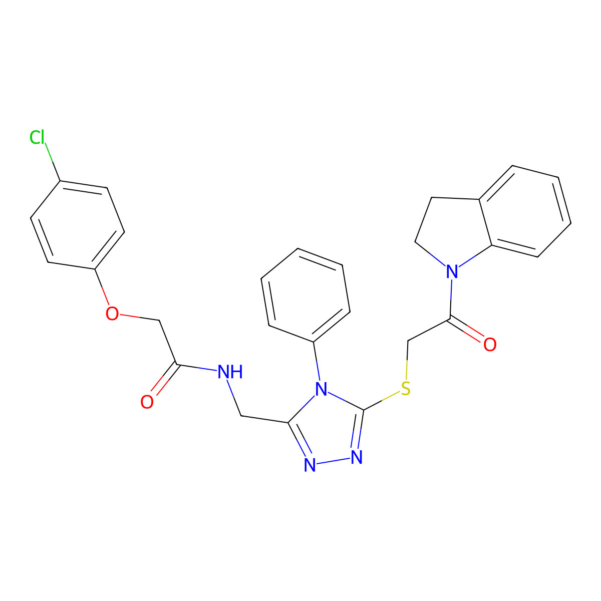 2-(4-chlorophenoxy)-N-((5-((2-(indolin-1-yl)-2-oxoethyl)thio)-4-phenyl-4H-1,2,4-triazol-3-yl)methyl)acetamide molecular structure, CAS 391950-97-3