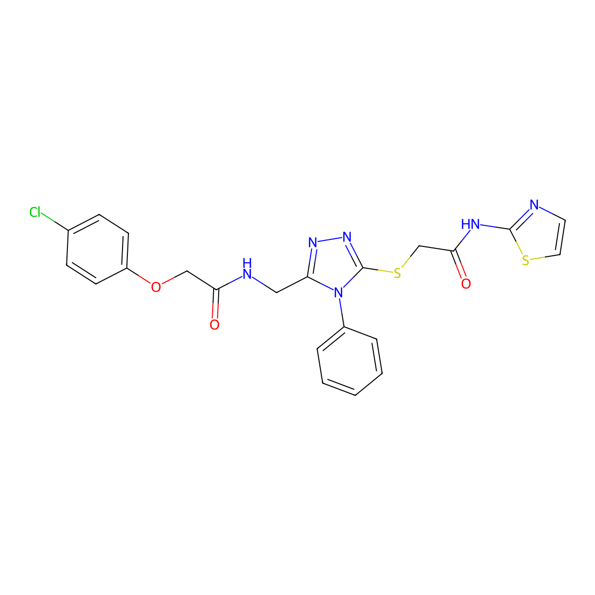 2-(4-chlorophenoxy)-N-((5-((2-oxo-2-(thiazol-2-ylamino)ethyl)thio)-4-phenyl-4H-1,2,4-triazol-3-yl)methyl)acetamide molecular structure, CAS 391950-98-4