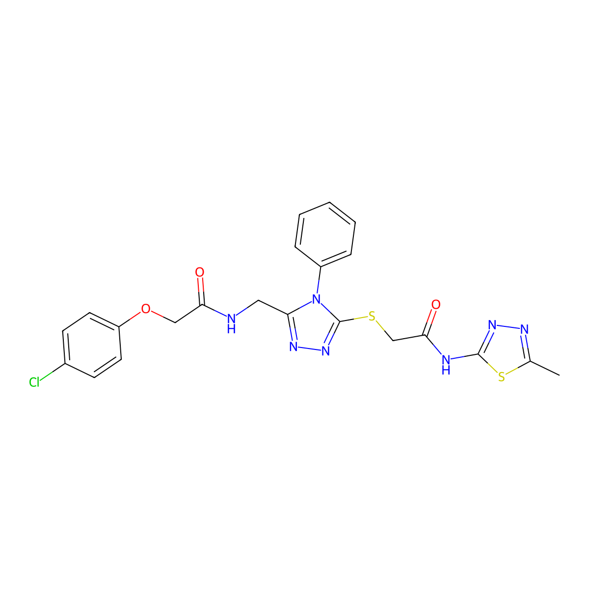 2-(4-chlorophenoxy)-N-((5-((2-((5-methyl-1,3,4-thiadiazol-2-yl)amino)-2-oxoethyl)thio)-4-phenyl-4H-1,2,4-triazol-3-yl)methyl)acetamide molecular structure, CAS 391951-00-1