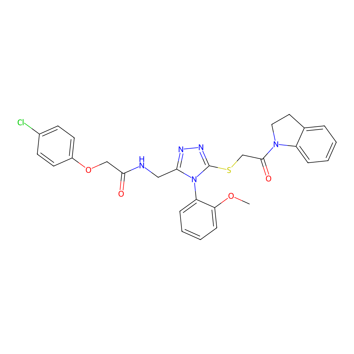 2-(4-chlorophenoxy)-N-((5-((2-(indolin-1-yl)-2-oxoethyl)thio)-4-(2-methoxyphenyl)-4H-1,2,4-triazol-3-yl)methyl)acetamide molecular structure, CAS 391951-25-0