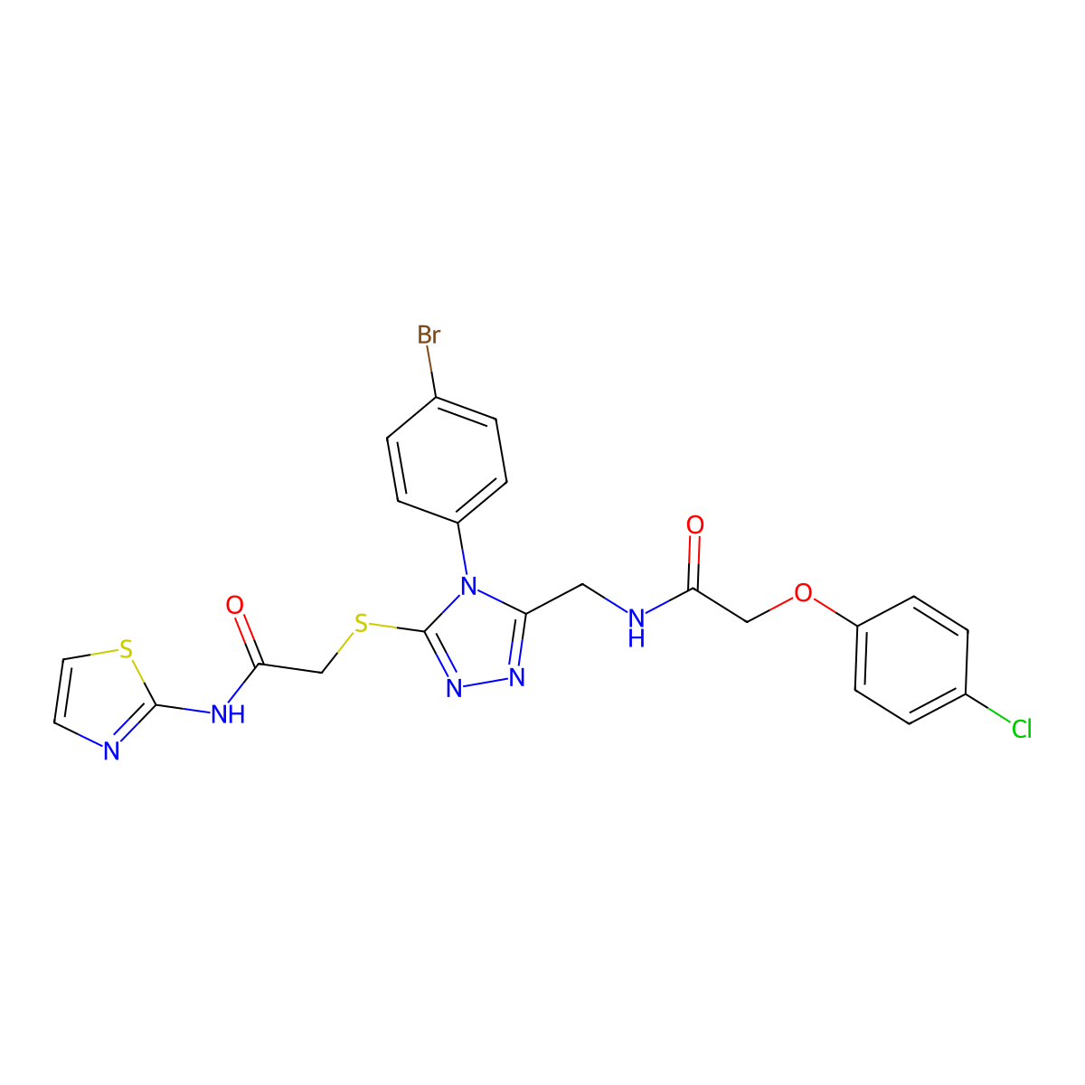 2-((4-(4-bromophenyl)-5-((2-(4-chlorophenoxy)acetamido)methyl)-4H-1,2,4-triazol-3-yl)thio)-N-(thiazol-2-yl)acetamide molecular structure, CAS 391951-40-9