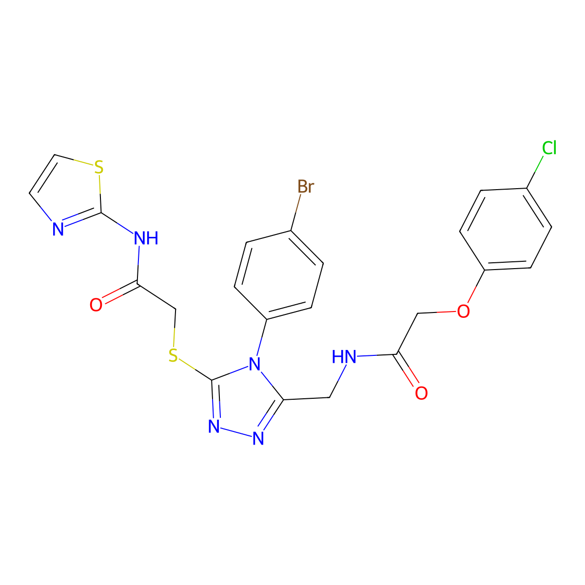 2-((4-(4-bromophenyl)-5-((2-(4-chlorophenoxy)acetamido)methyl)-4H-1,2,4-triazol-3-yl)thio)-N-(thiazol-2-yl)acetamide molecular structure, CAS 391951-40-9