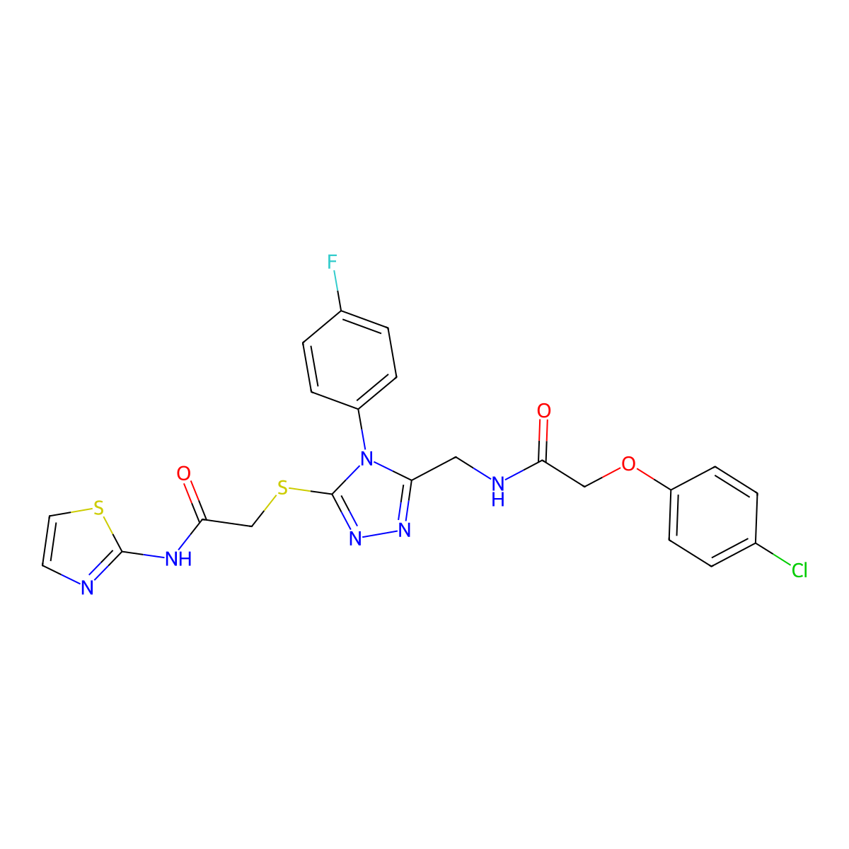 2-(4-chlorophenoxy)-N-((4-(4-fluorophenyl)-5-((2-oxo-2-(thiazol-2-ylamino)ethyl)thio)-4H-1,2,4-triazol-3-yl)methyl)acetamide molecular structure, CAS 391951-53-4
