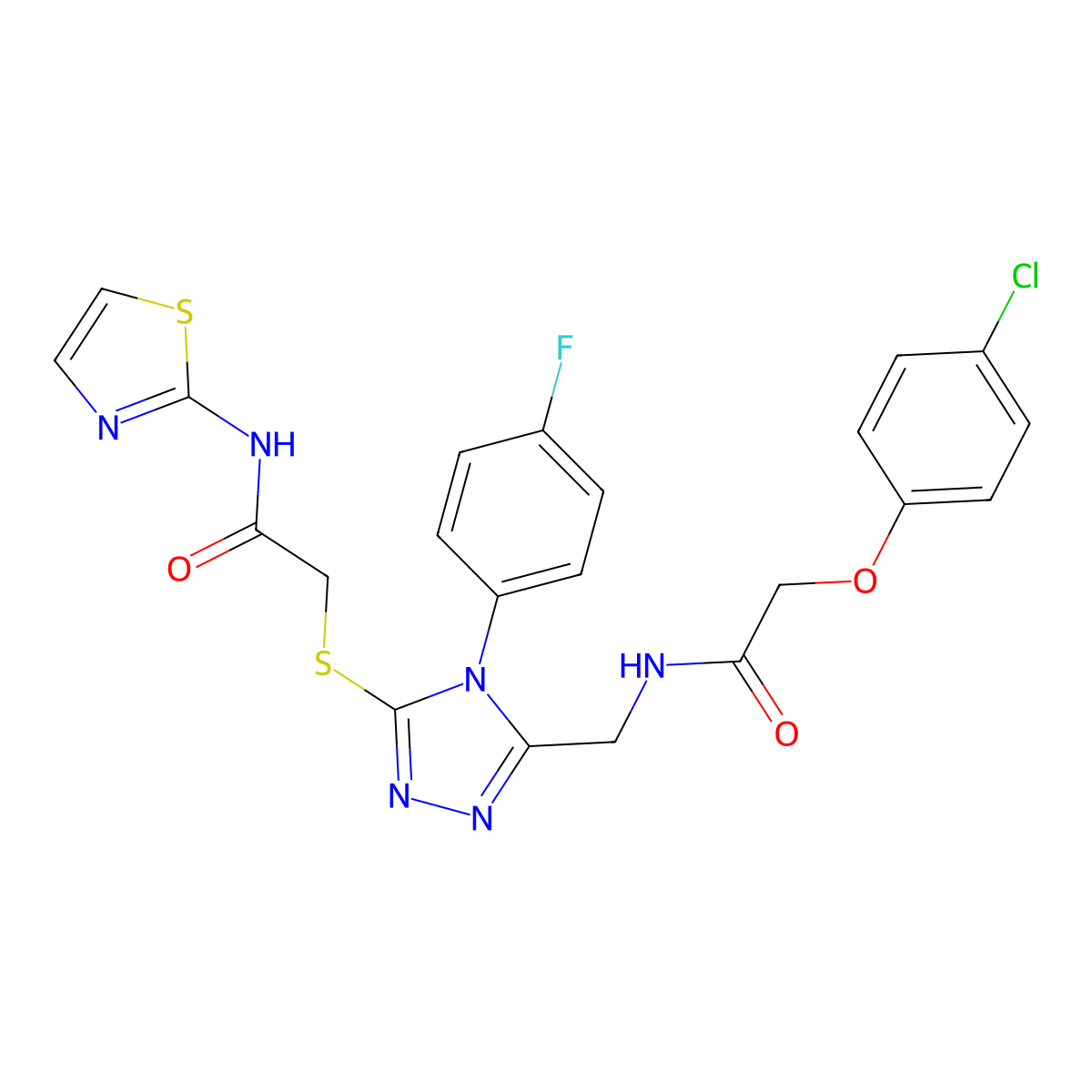 2-(4-chlorophenoxy)-N-((4-(4-fluorophenyl)-5-((2-oxo-2-(thiazol-2-ylamino)ethyl)thio)-4H-1,2,4-triazol-3-yl)methyl)acetamide molecular structure, CAS 391951-53-4
