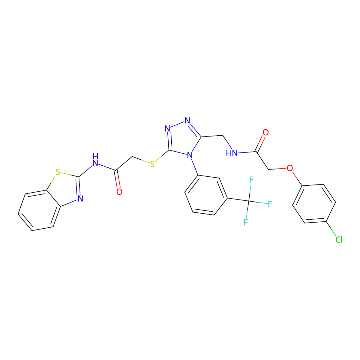 N-(benzo[d]thiazol-2-yl)-2-((5-((2-(4-chlorophenoxy)acetamido)methyl)-4-(3-(trifluoromethyl)phenyl)-4H-1,2,4-triazol-3-yl)thio)acetamide molecular structure, CAS 391951-81-8