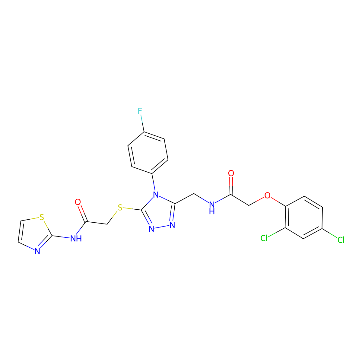 2-(2,4-dichlorophenoxy)-N-((4-(4-fluorophenyl)-5-((2-oxo-2-(thiazol-2-ylamino)ethyl)thio)-4H-1,2,4-triazol-3-yl)methyl)acetamide molecular structure, CAS 391952-55-9