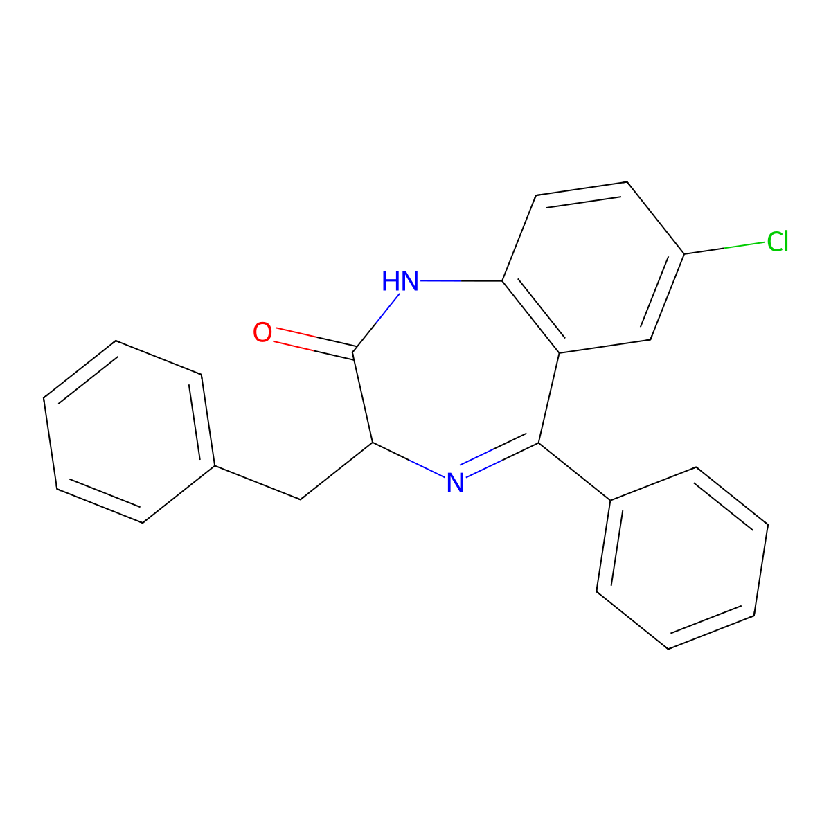 2H-1,4-Benzodiazepin-2-one, 1,3-dihydro-7-chloro-5-phenyl-3-(phenylmethyl)-, (S)- molecular structure, CAS 39200-49-2