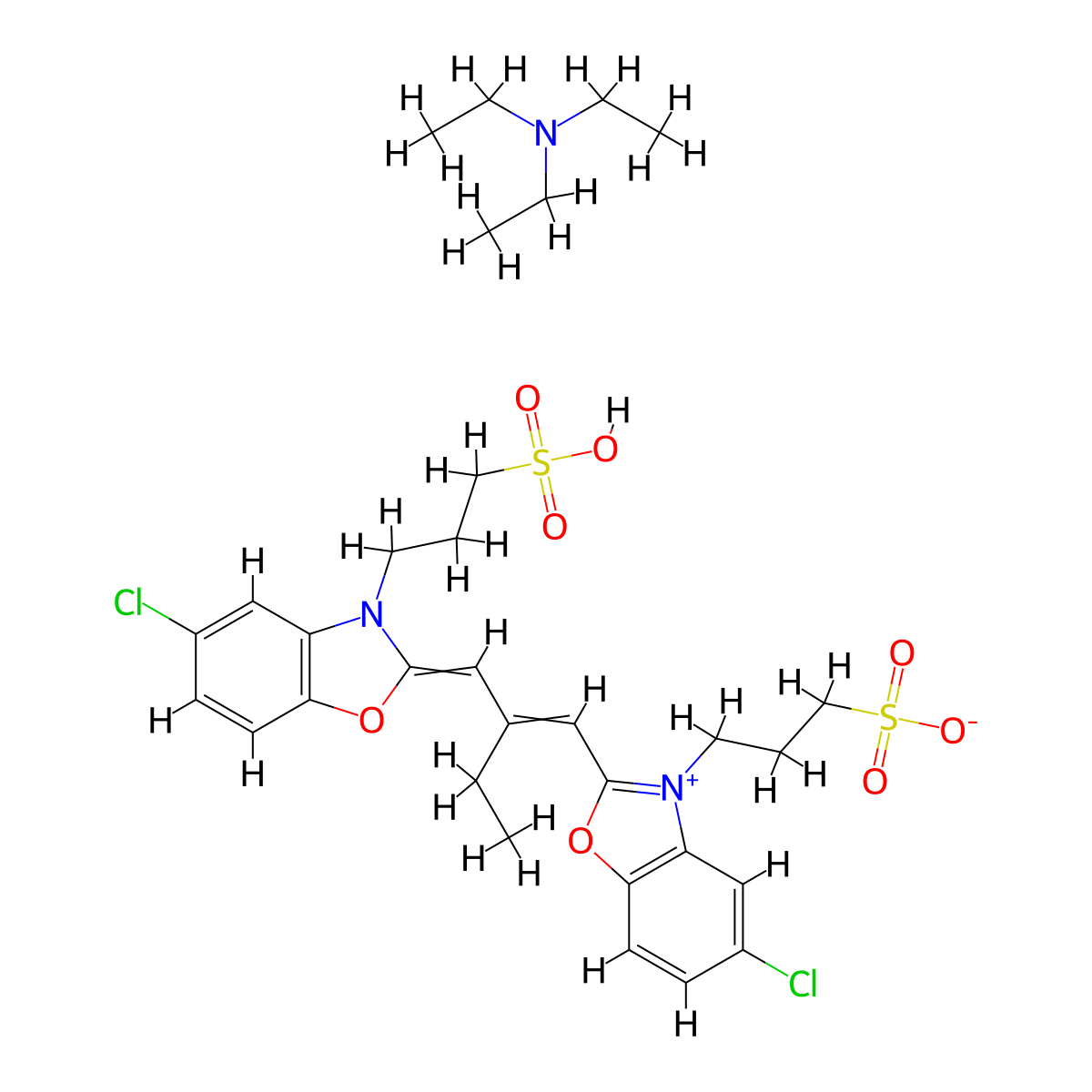 Benzoxazolium, 5-chloro-2-(2-((5-chloro-3-(3-sulfopropyl)-2(3H)-benzoxazolylidene)methyl)-1-buten-1-yl)-3-(3-sulfopropyl)-, inner salt, compd. with N,N-diethylethanamine (1:1) molecular structure, CAS 39201-42-8