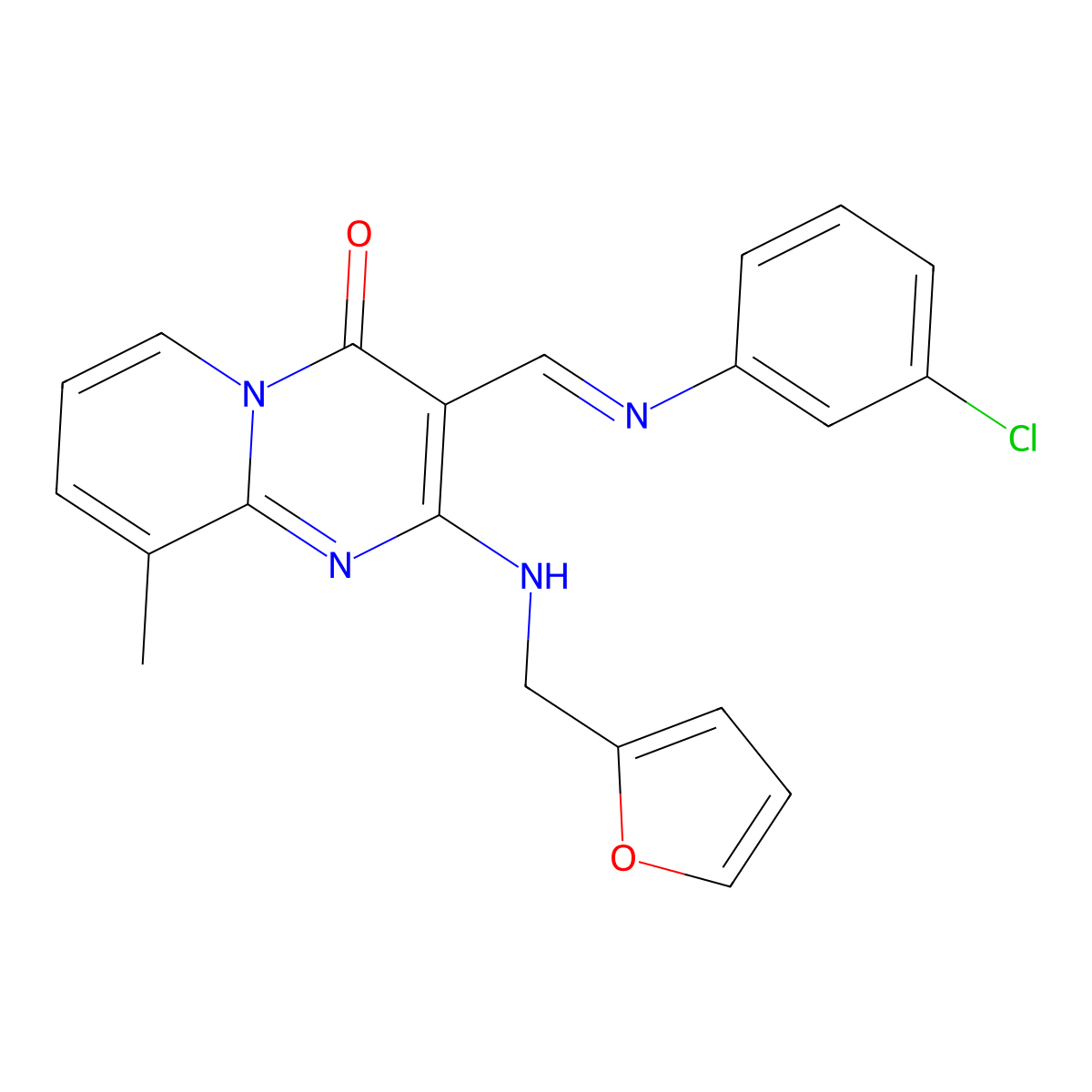 (E)-3-(((3-chlorophenyl)imino)methyl)-2-((furan-2-ylmethyl)amino)-9-methyl-4H-pyrido[1,2-a]pyrimidin-4-one molecular structure, CAS 392236-20-3