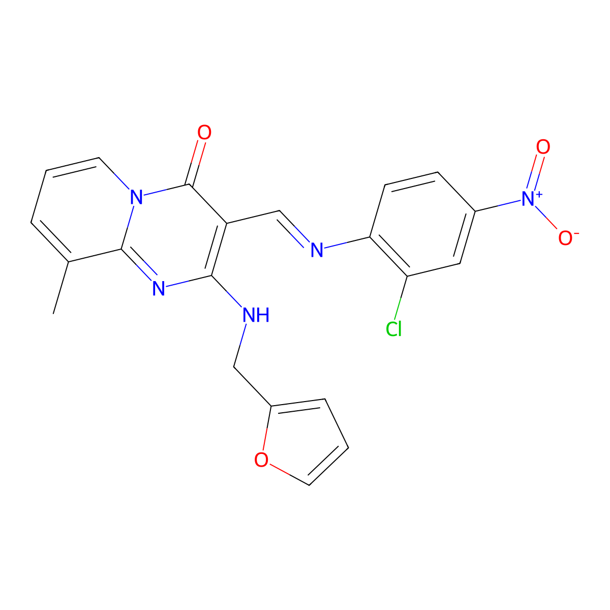 (E)-3-(((2-chloro-4-nitrophenyl)imino)methyl)-2-((furan-2-ylmethyl)amino)-9-methyl-4H-pyrido[1,2-a]pyrimidin-4-one molecular structure, CAS 392236-21-4