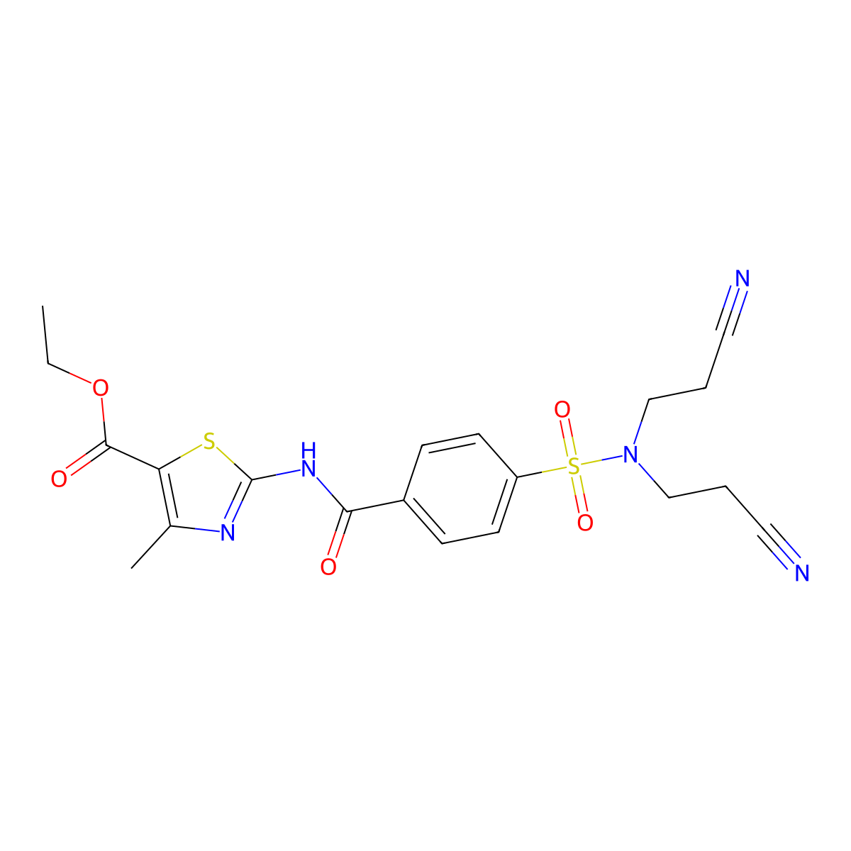 ethyl 2-(4-(N,N-bis(2-cyanoethyl)sulfamoyl)benzamido)-4-methylthiazole-5-carboxylate molecular structure, CAS 392236-32-7