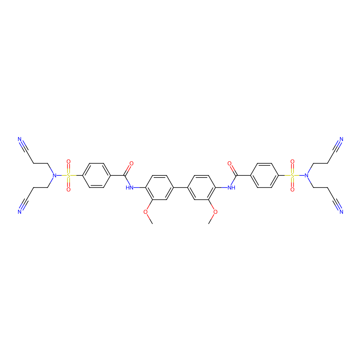 4-[bis(2-cyanoethyl)sulfamoyl]-N-[4-[4-[[4-[bis(2-cyanoethyl)sulfamoyl]benzoyl]amino]-3-methoxyphenyl]-2-methoxyphenyl]benzamide molecular structure, CAS 392236-37-2