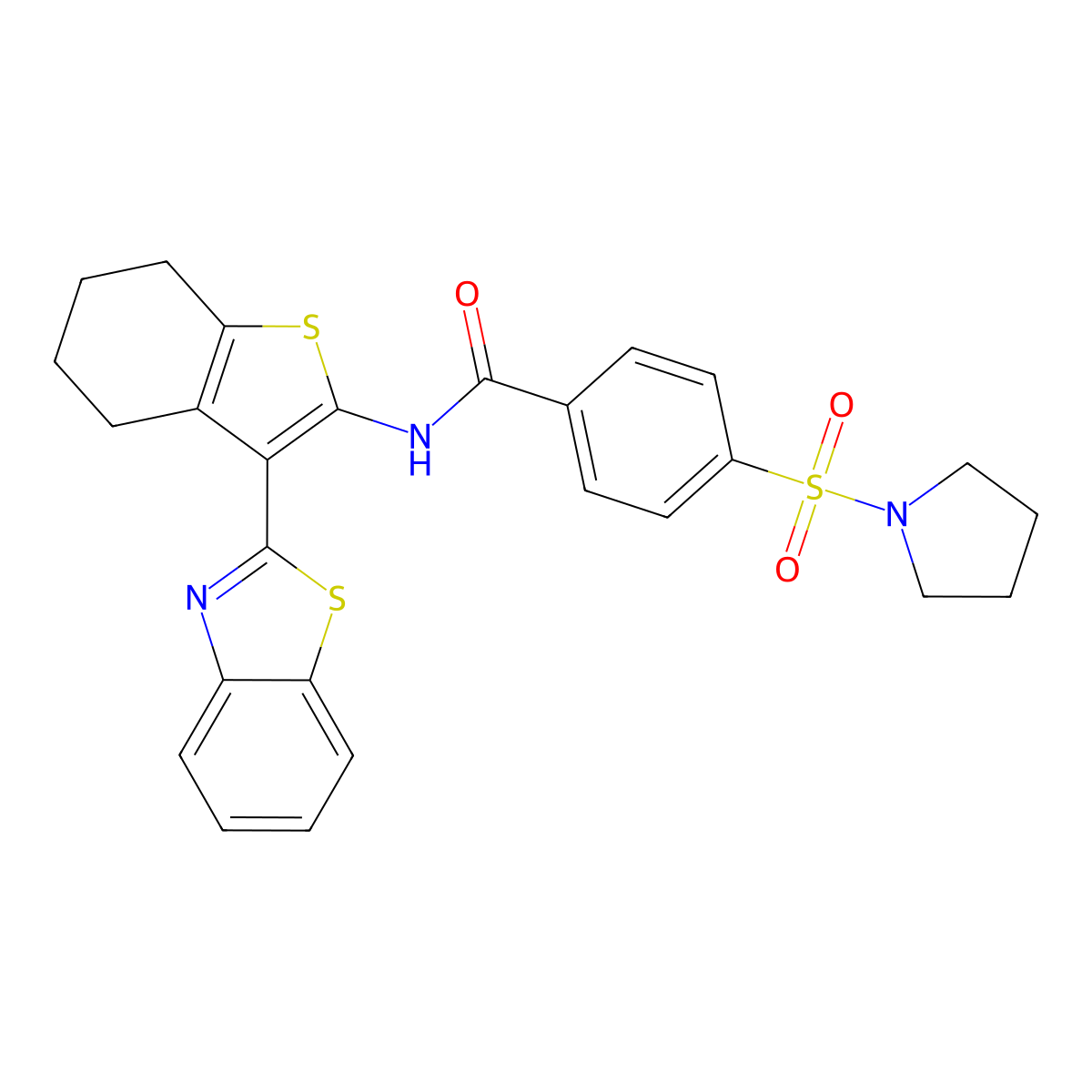 N-(3-(benzo[d]thiazol-2-yl)-4,5,6,7-tetrahydrobenzo[b]thiophen-2-yl)-4-(pyrrolidin-1-ylsulfonyl)benzamide molecular structure, CAS 392236-40-7