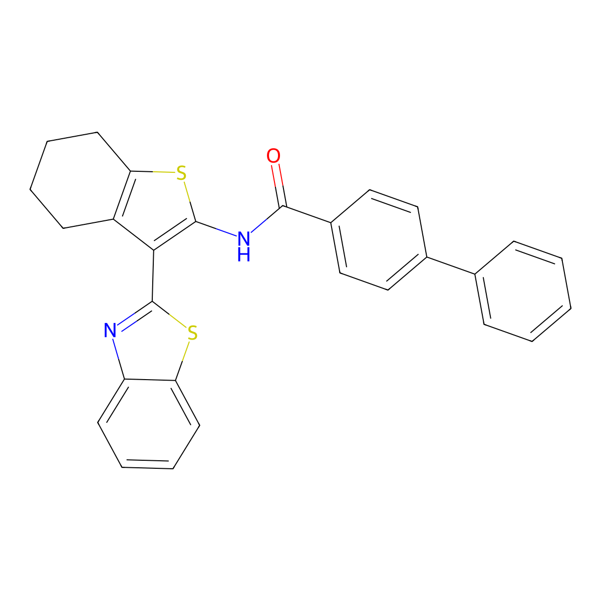 N-(3-(benzo[d]thiazol-2-yl)-4,5,6,7-tetrahydrobenzo[b]thiophen-2-yl)-[1,1'-biphenyl]-4-carboxamide molecular structure, CAS 392236-43-0