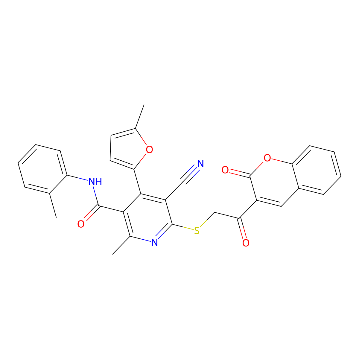 5-cyano-2-methyl-4-(5-methylfuran-2-yl)-N-(2-methylphenyl)-6-[2-oxo-2-(2-oxochromen-3-yl)ethyl]sulfanylpyridine-3-carboxamide molecular structure, CAS 392236-51-0