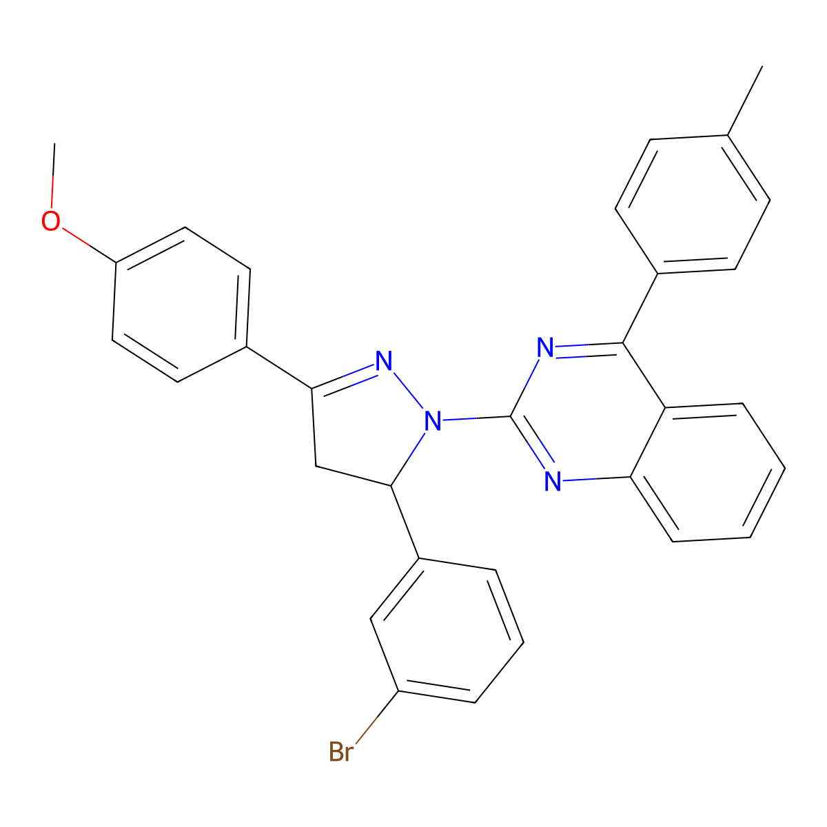 2-(5-(3-bromophenyl)-3-(4-methoxyphenyl)-4,5-dihydro-1H-pyrazol-1-yl)-4-(p-tolyl)quinazoline molecular structure, CAS 392237-17-1