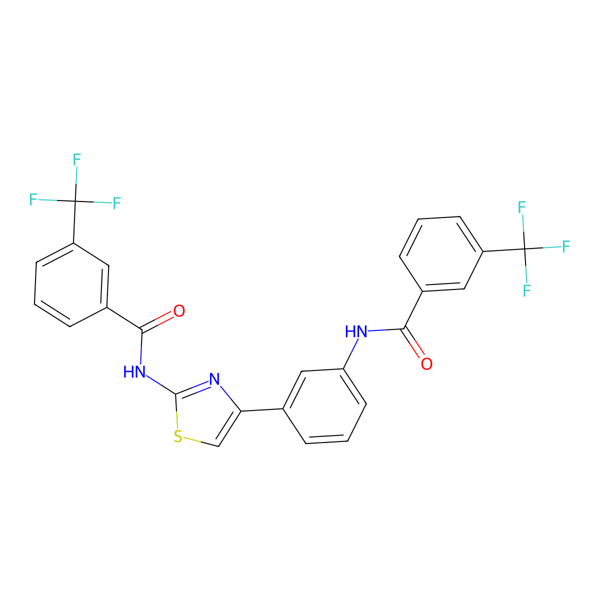 3-(trifluoromethyl)-N-(4-(3-(3-(trifluoromethyl)benzamido)phenyl)thiazol-2-yl)benzamide molecular structure, CAS 392238-63-0