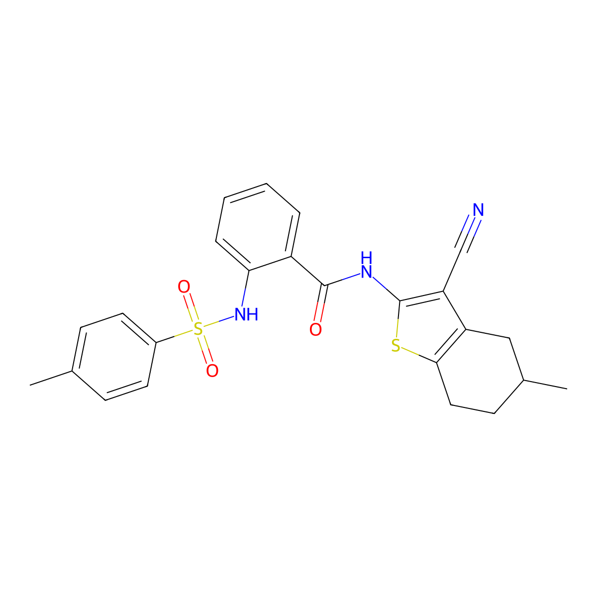 N-(3-Cyano-5-methyl-4,5,6,7-tetrahydro-1-benzothiophen-2-YL)-2-(4-methylbenzenesulfonamido)benzamide molecular structure, CAS 392238-99-2
