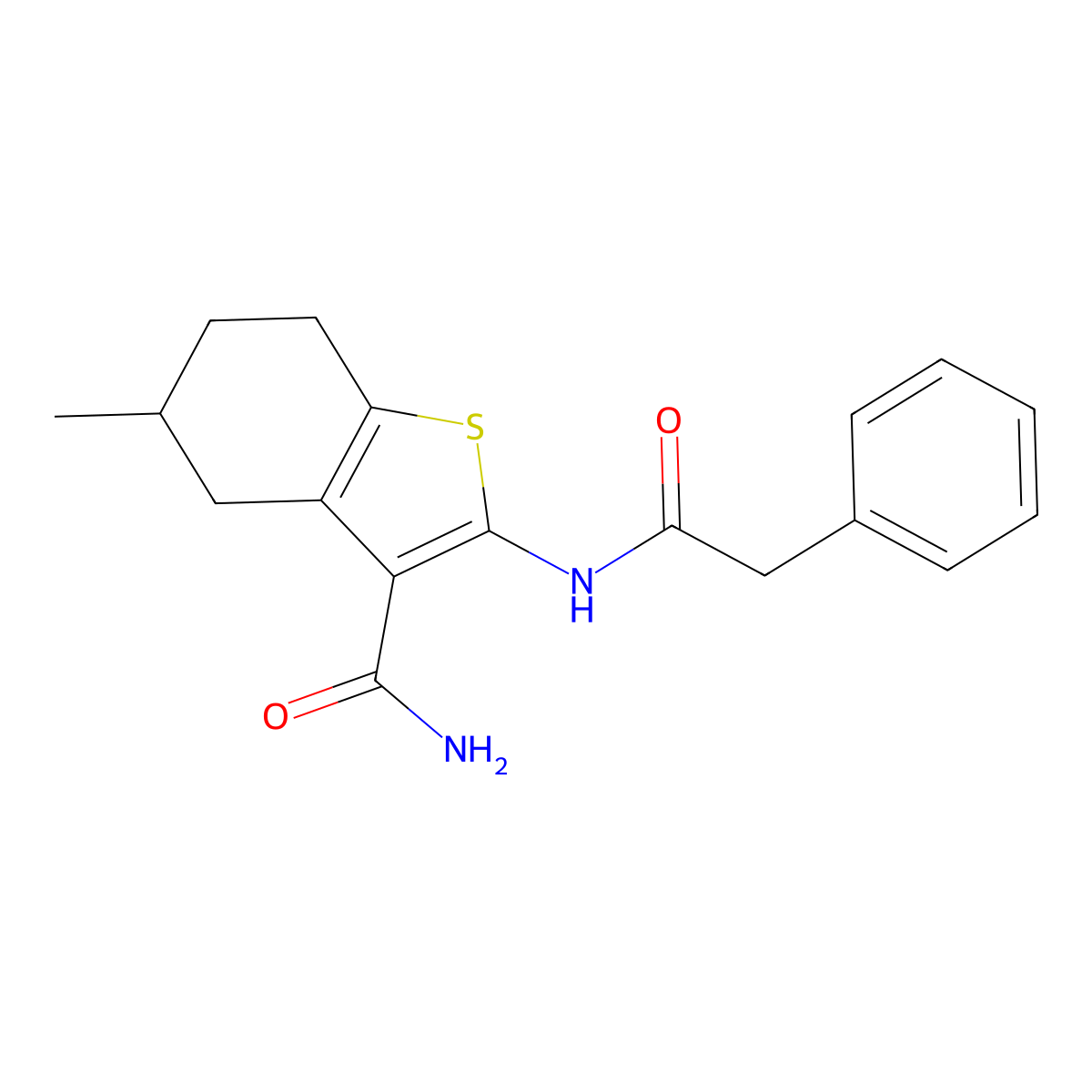 5-Methyl-2-(2-phenylacetamido)-4,5,6,7-tetrahydrobenzo[b]thiophene-3-carboxamide molecular structure, CAS 392239-07-5