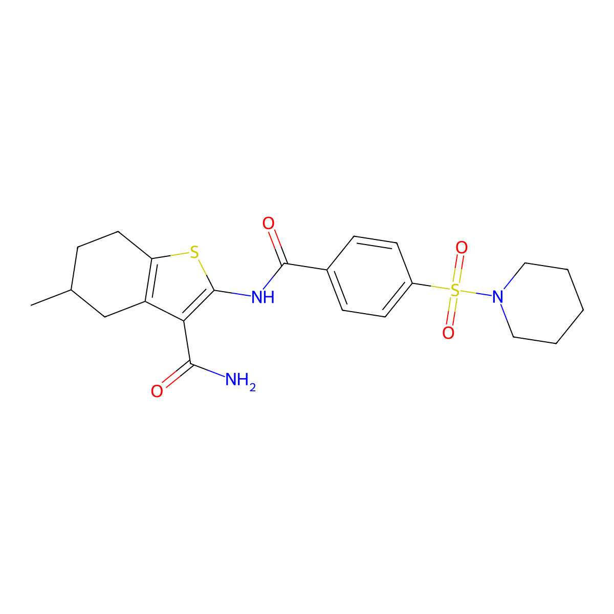 5-Methyl-2-(4-(piperidin-1-ylsulfonyl)benzamido)-4,5,6,7-tetrahydrobenzo[b]thiophene-3-carboxamide molecular structure, CAS 392239-08-6