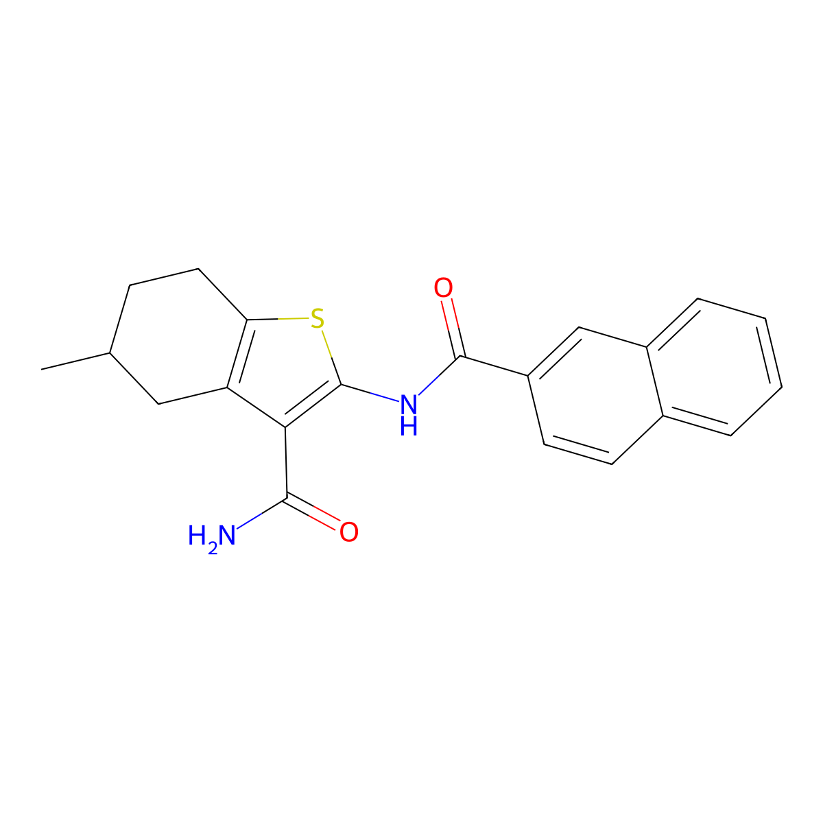 5-Methyl-2-(naphthalene-2-carbonylamino)-4,5,6,7-tetrahydro-1-benzothiophene-3-carboxamide molecular structure, CAS 392239-16-6