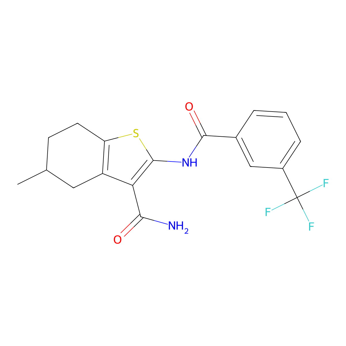 5-Methyl-2-(3-(trifluoromethyl)benzamido)-4,5,6,7-tetrahydrobenzo[b]thiophene-3-carboxamide molecular structure, CAS 392239-18-8