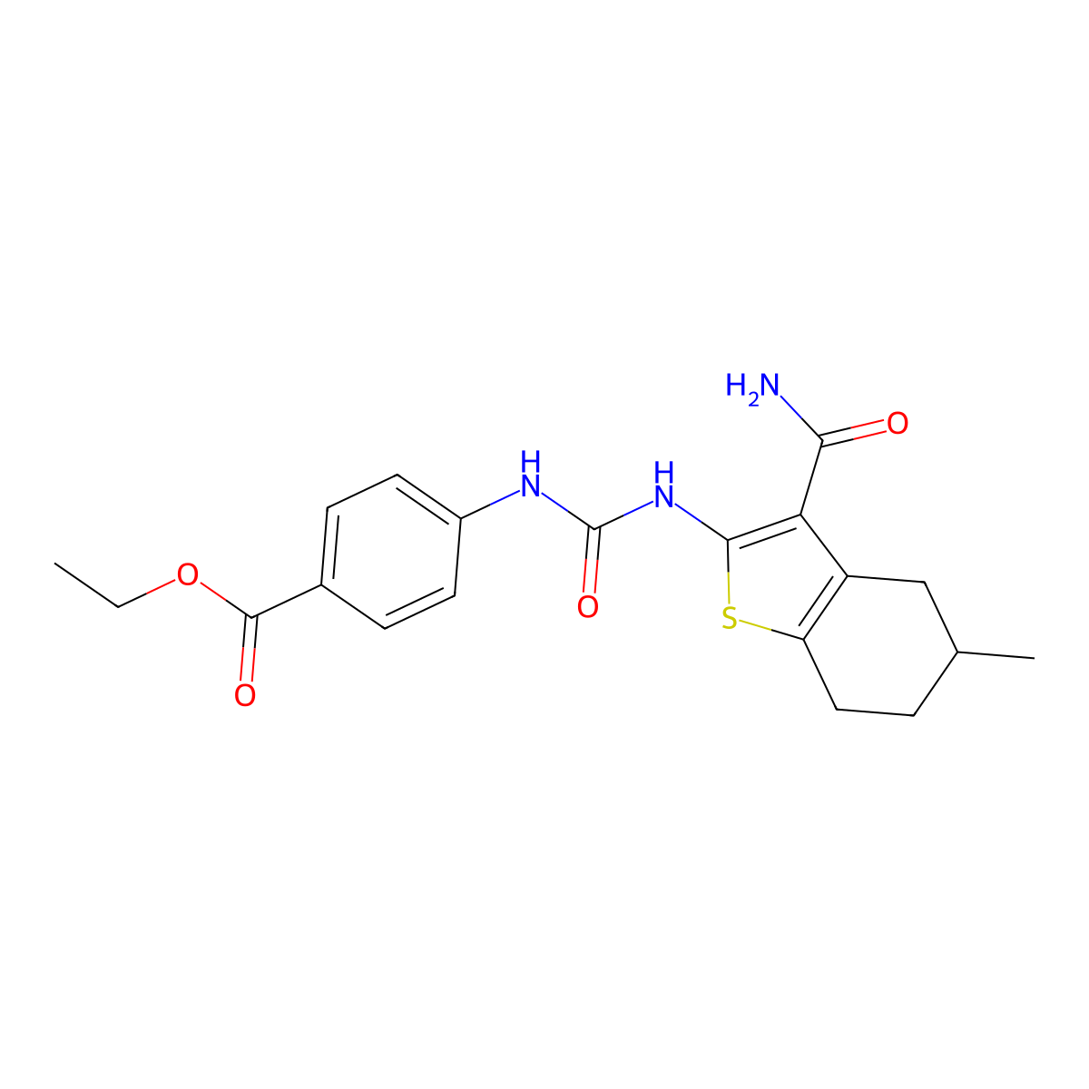 Ethyl 4-(3-(3-carbamoyl-5-methyl-4,5,6,7-tetrahydrobenzo[b]thiophen-2-yl)ureido)benzoate molecular structure, CAS 392239-22-4