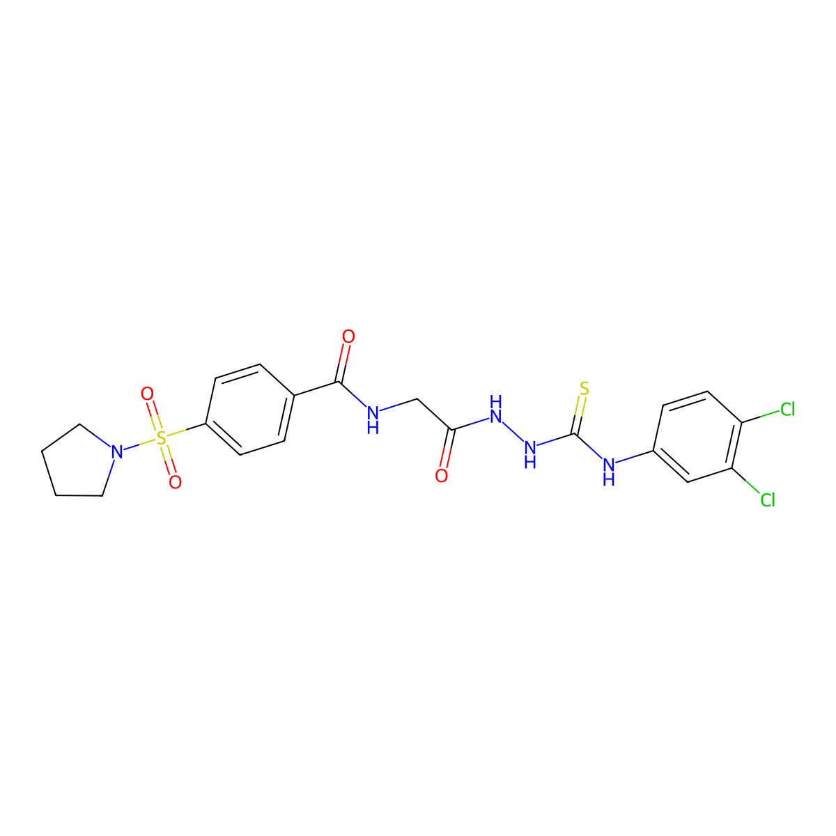 N-[2-[2-[(3,4-dichlorophenyl)carbamothioyl]hydrazinyl]-2-oxoethyl]-4-pyrrolidin-1-ylsulfonylbenzamide molecular structure, CAS 392247-35-7