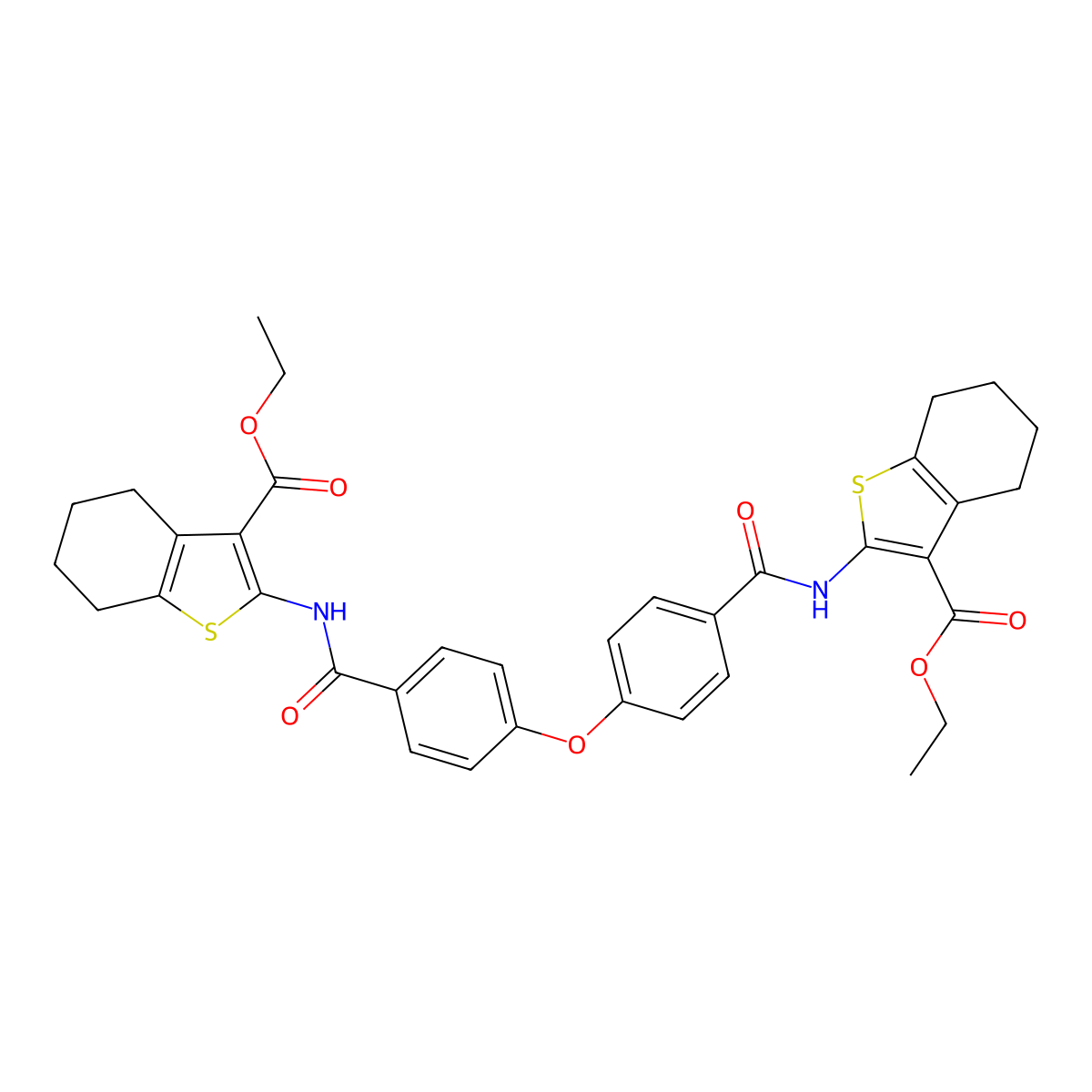 Ethyl 2-[[4-[4-[(3-ethoxycarbonyl-4,5,6,7-tetrahydro-1-benzothiophen-2-yl)carbamoyl]phenoxy]benzoyl]amino]-4,5,6,7-tetrahydro-1-benzothiophene-3-carboxylate molecular structure, CAS 392251-35-3
