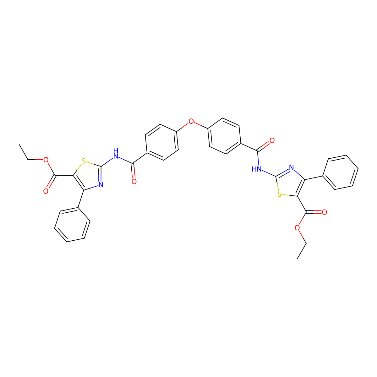 Ethyl 2-[[4-[4-[(5-ethoxycarbonyl-4-phenyl-1,3-thiazol-2-yl)carbamoyl]phenoxy]benzoyl]amino]-4-phenyl-1,3-thiazole-5-carboxylate molecular structure, CAS 392251-66-0
