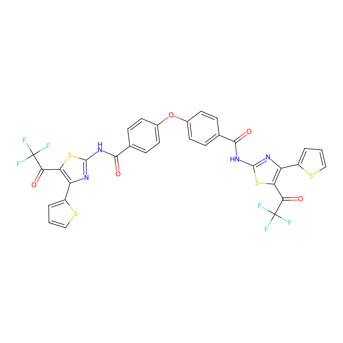 N-[4-thiophen-2-yl-5-(2,2,2-trifluoroacetyl)-1,3-thiazol-2-yl]-4-[4-[[4-thiophen-2-yl-5-(2,2,2-trifluoroacetyl)-1,3-thiazol-2-yl]carbamoyl]phenoxy]benzamide molecular structure, CAS 392251-67-1