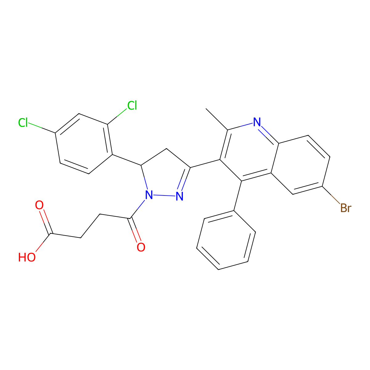 4-[3-(6-bromo-2-methyl-4-phenylquinolin-3-yl)-5-(2,4-dichlorophenyl)-4,5-dihydro-1H-pyrazol-1-yl]-4-oxobutanoic acid molecular structure, CAS 392252-53-8