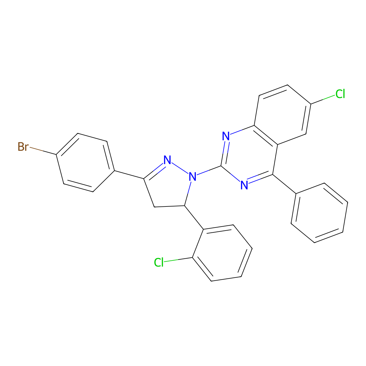 2-[5-(4-Bromophenyl)-3-(2-chlorophenyl)-3,4-dihydropyrazol-2-yl]-6-chloro-4-phenylquinazoline molecular structure, CAS 392252-71-0