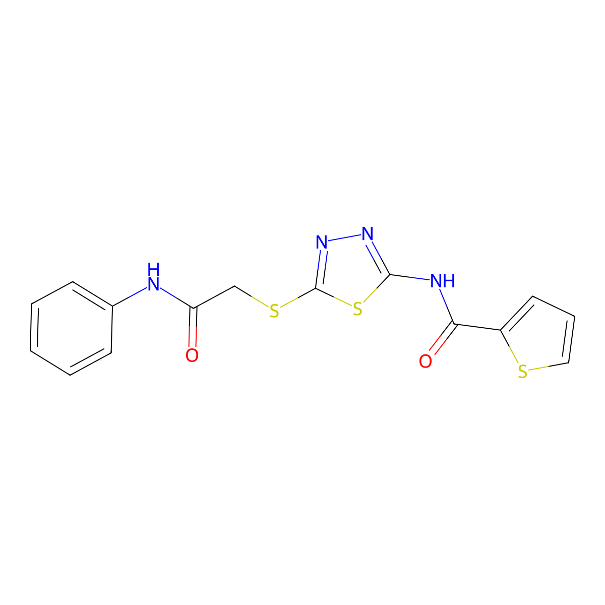 N-[5-(2-anilino-2-oxoethyl)sulfanyl-1,3,4-thiadiazol-2-yl]thiophene-2-carboxamide molecular structure, CAS 392290-77-6