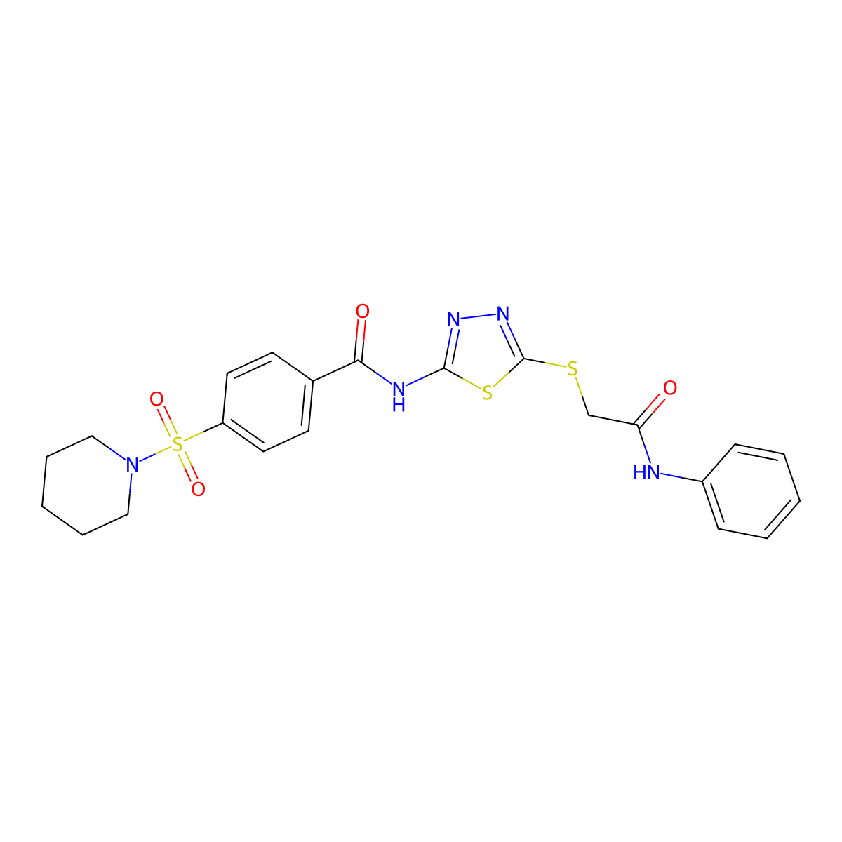 N-[5-(2-anilino-2-oxoethyl)sulfanyl-1,3,4-thiadiazol-2-yl]-4-piperidin-1-ylsulfonylbenzamide molecular structure, CAS 392291-16-6