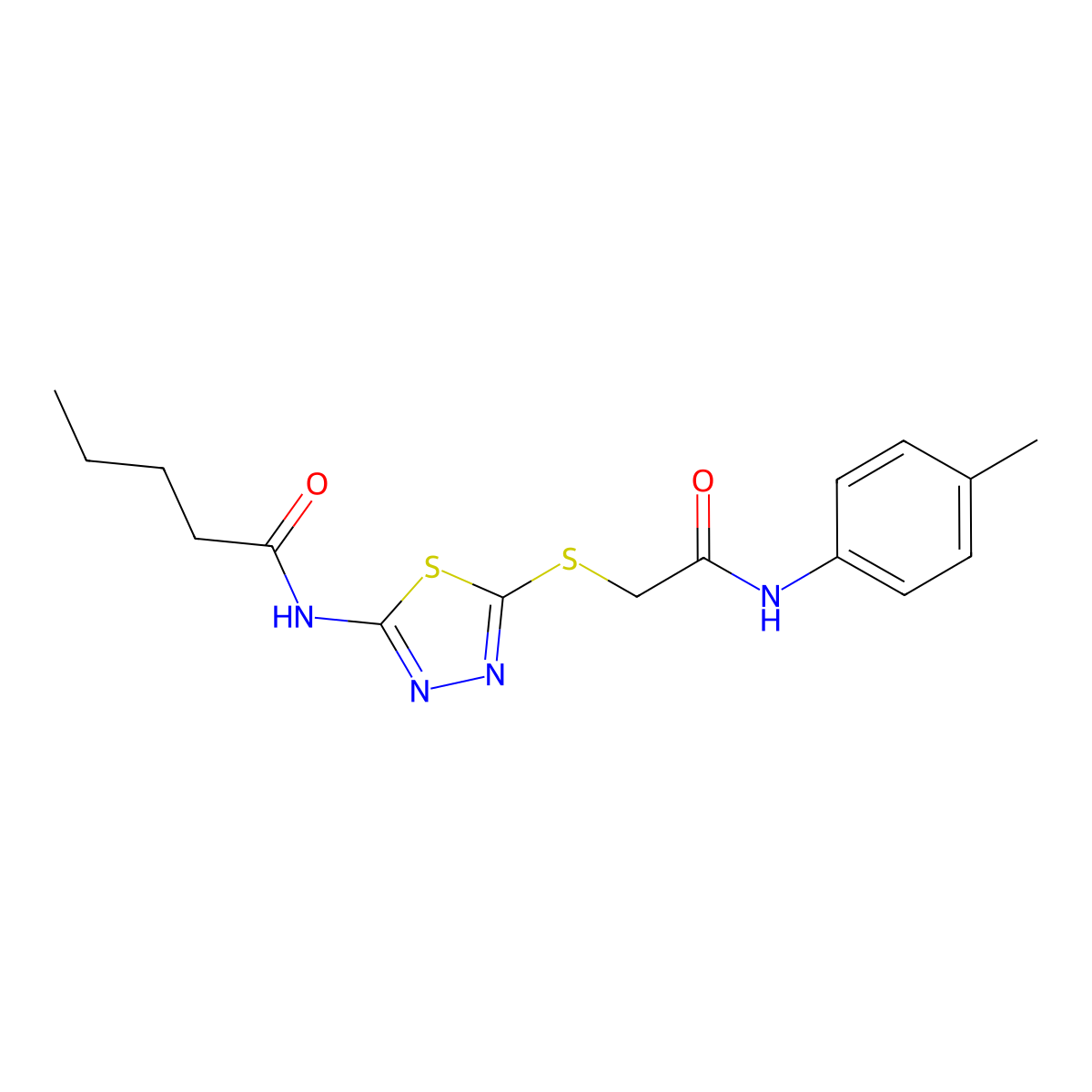 N-(5-((2-oxo-2-(p-tolylamino)ethyl)thio)-1,3,4-thiadiazol-2-yl)pentanamide molecular structure, CAS 392291-27-9