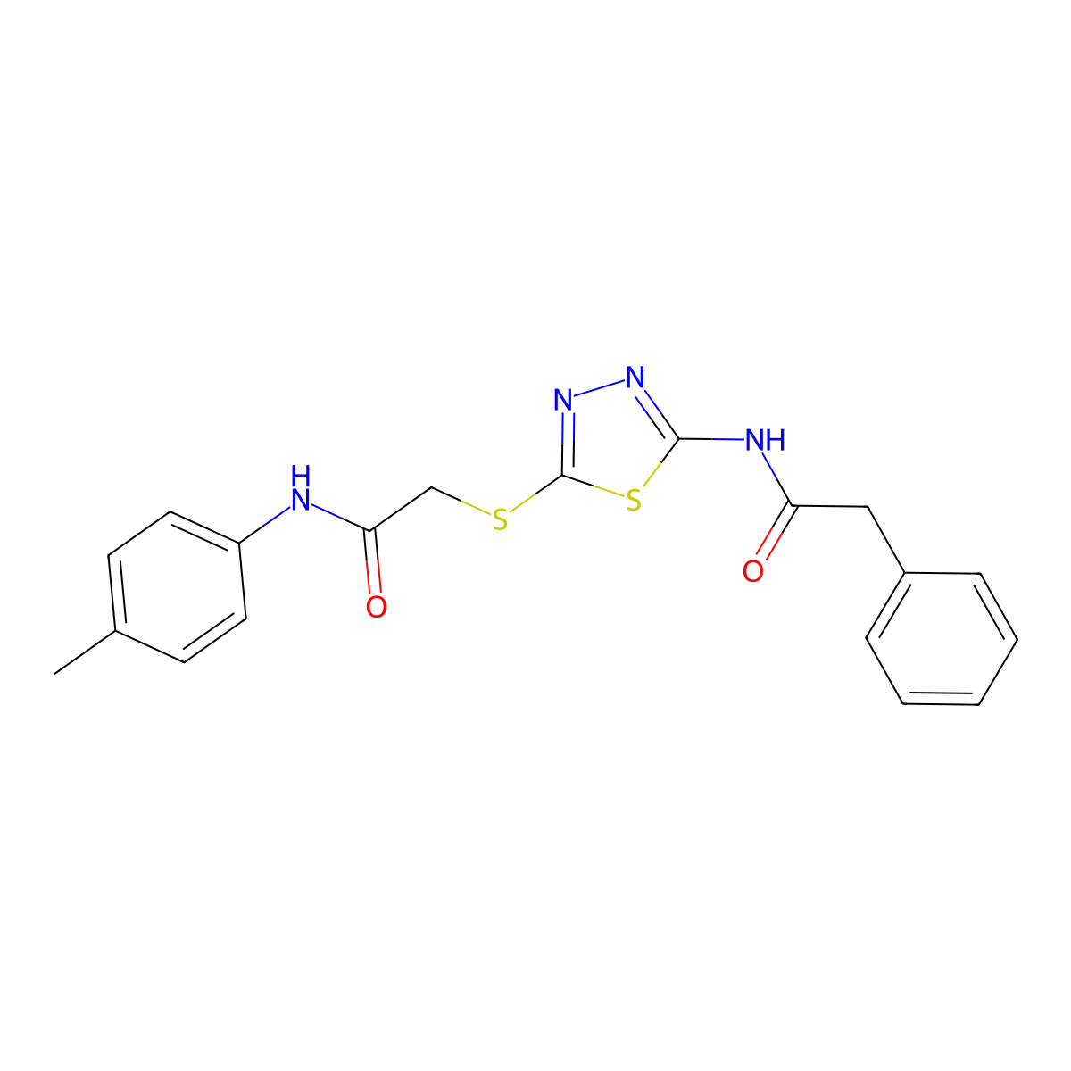 N-(5-((2-oxo-2-(p-tolylamino)ethyl)thio)-1,3,4-thiadiazol-2-yl)-2-phenylacetamide molecular structure, CAS 392291-32-6