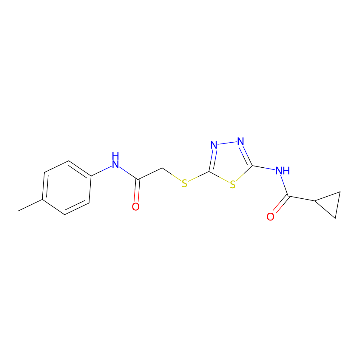 N-(5-((2-oxo-2-(p-tolylamino)ethyl)thio)-1,3,4-thiadiazol-2-yl)cyclopropanecarboxamide molecular structure, CAS 392291-35-9