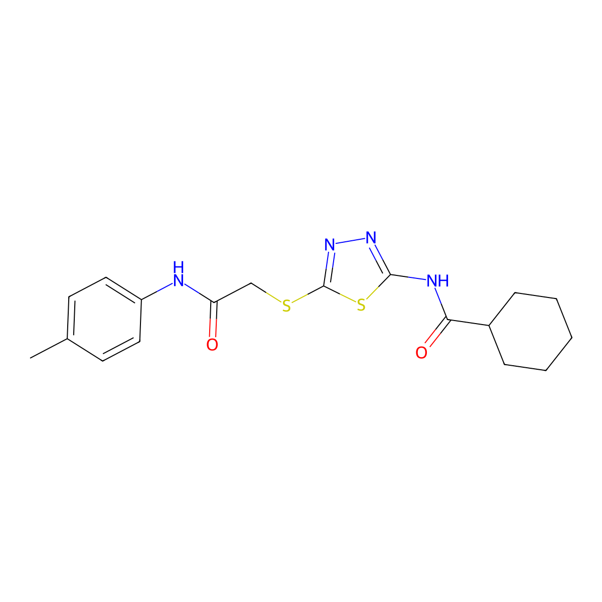 N-(5-((2-oxo-2-(p-tolylamino)ethyl)thio)-1,3,4-thiadiazol-2-yl)cyclohexanecarboxamide molecular structure, CAS 392291-39-3
