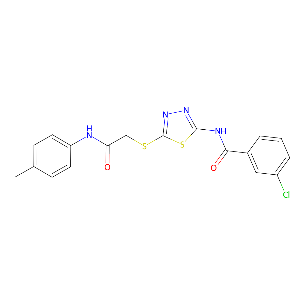 3-chloro-N-(5-((2-oxo-2-(p-tolylamino)ethyl)thio)-1,3,4-thiadiazol-2-yl)benzamide molecular structure, CAS 392291-45-1