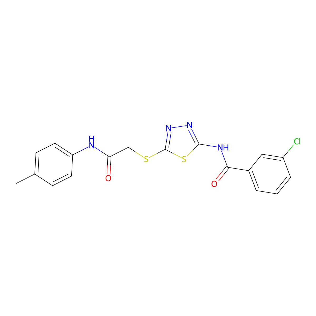 3-chloro-N-(5-((2-oxo-2-(p-tolylamino)ethyl)thio)-1,3,4-thiadiazol-2-yl)benzamide molecular structure, CAS 392291-45-1