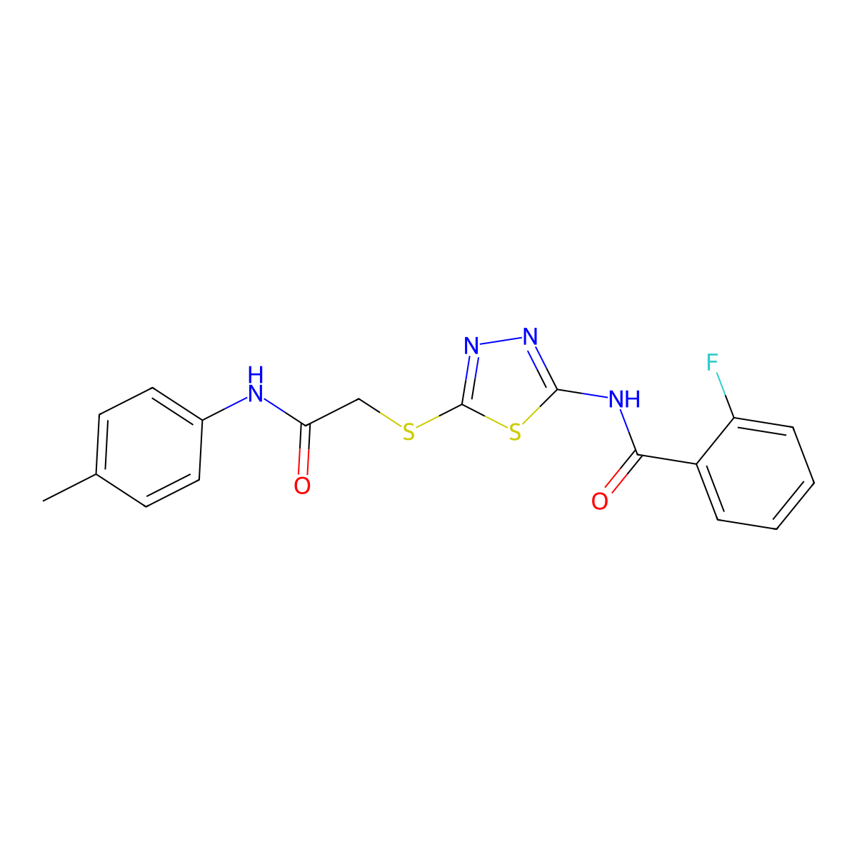 2-fluoro-N-(5-((2-oxo-2-(p-tolylamino)ethyl)thio)-1,3,4-thiadiazol-2-yl)benzamide molecular structure, CAS 392291-56-4