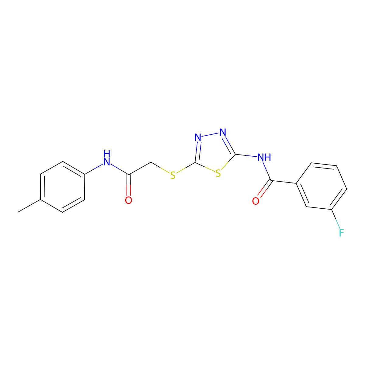3-fluoro-N-(5-((2-oxo-2-(p-tolylamino)ethyl)thio)-1,3,4-thiadiazol-2-yl)benzamide molecular structure, CAS 392291-57-5